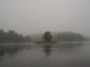 The fog in Aisetas lake. Small island with tree. Rūkas ežere Aisetas, Maža sala su vienu
